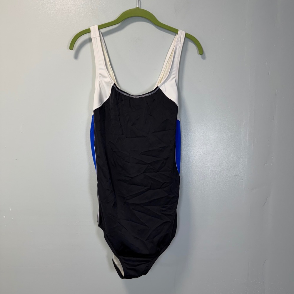 Lands End Womens One Piece Swimsuit Black Blue White 18W Long Colorblock